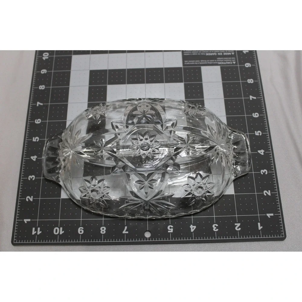 Vintage Clear Pressed Glass Divided Relish Dish Starburst Pattern Oval 9.5 Inch